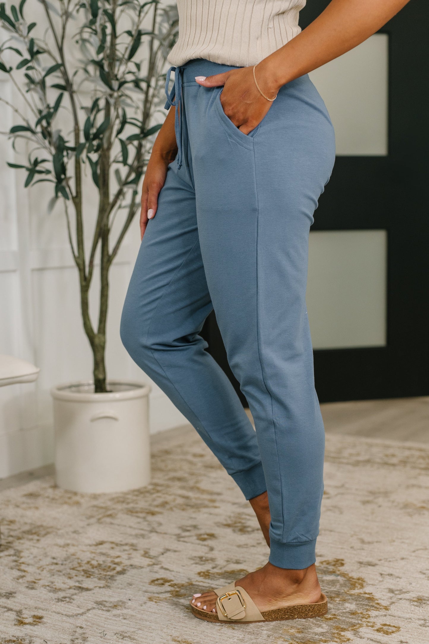 Hazel Blues® |  Sweat It High Waisted Joggers in Dusty Blue