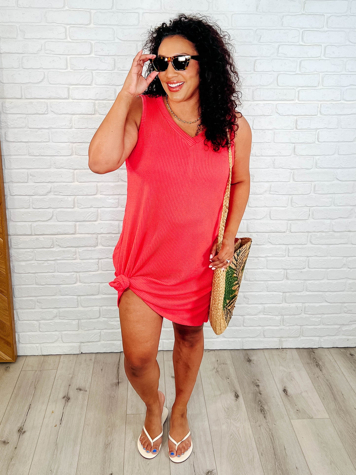 Hazel Blues® |  The Power I Hold V-Neck Ribbed Knit Dress in Summer Coral
