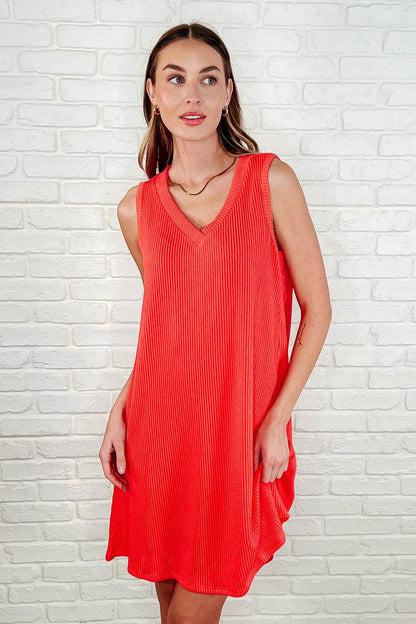 Hazel Blues® |  The Power I Hold V-Neck Ribbed Knit Dress in Summer Coral