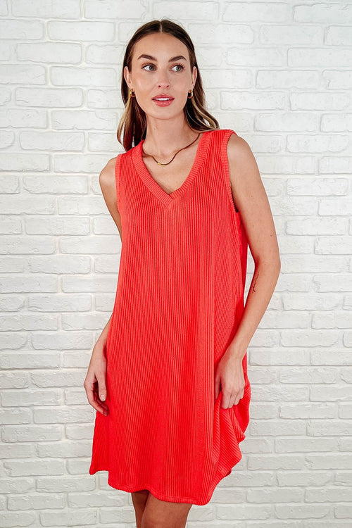 Hazel Blues® |  The Power I Hold V-Neck Ribbed Knit Dress in Summer Coral