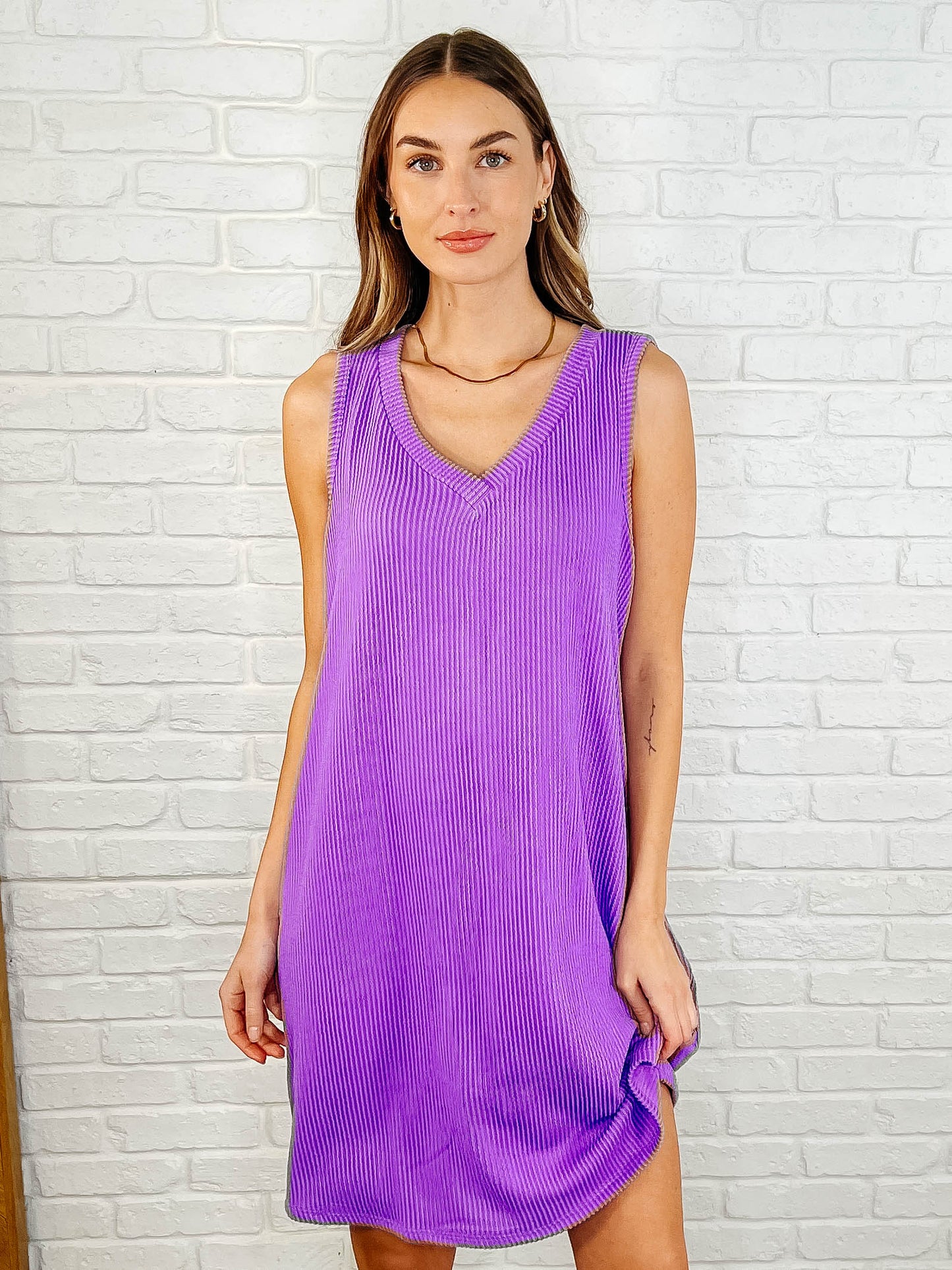 Hazel Blues® |  The Power I Hold V-Neck Ribbed Knit Dress in Tropical Violet