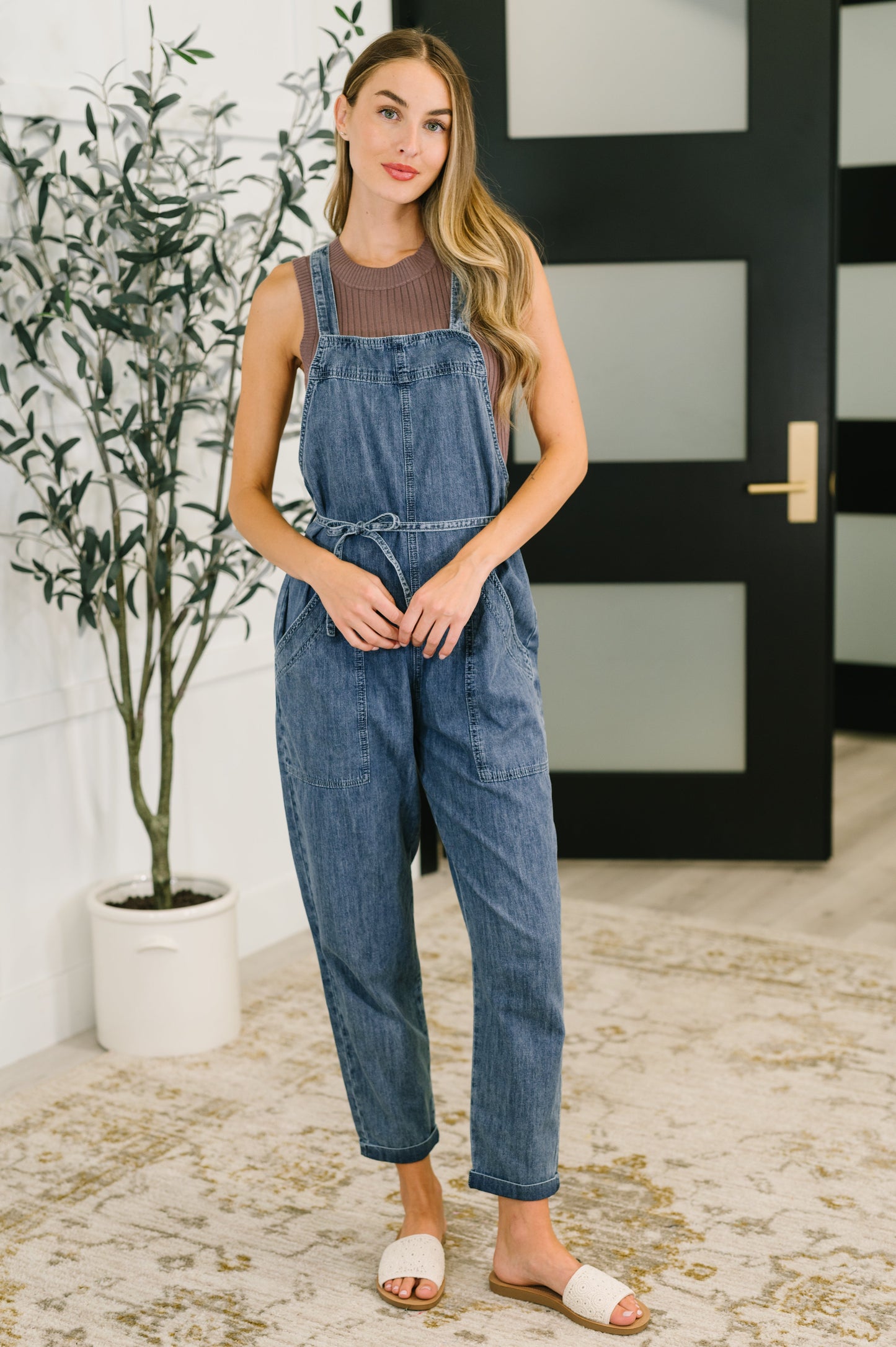 Hazel Blues® |  Too Cute to Compute Waist Tie Overalls in Dark Blue