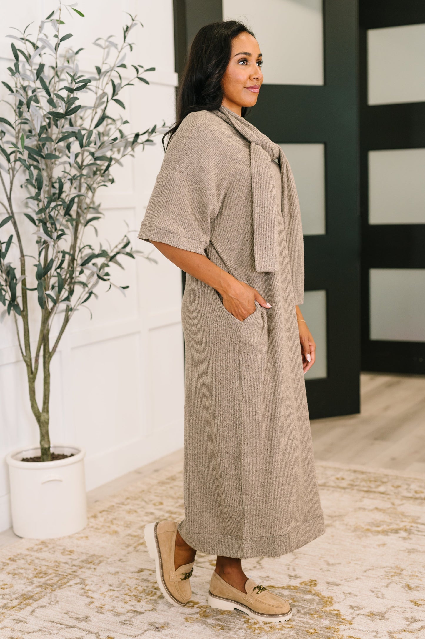 Hazel Blues® |  Travel Envy Ribbed Knit Dress in Light Coco