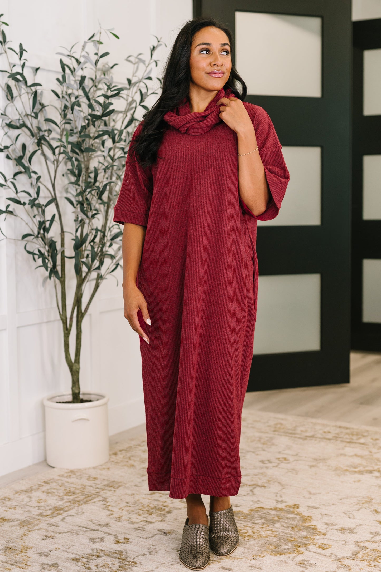 Hazel Blues® |  Travel Envy Ribbed Knit Dress in Wine