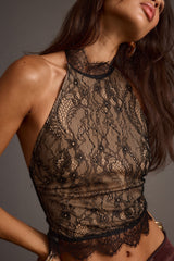 Vivette Black Lace Mock Neck Halter Top