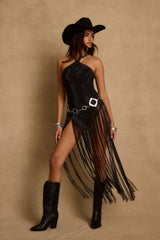 Wisteria Black Fringe Maxi Dress