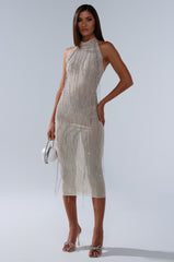 KEKE MIDI DRESS WITH RHINESTONE FRINGE