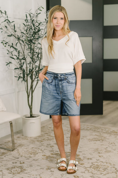 Hazel Blues® |  Zenim Printed High Waisted Shorts in Classic Denim