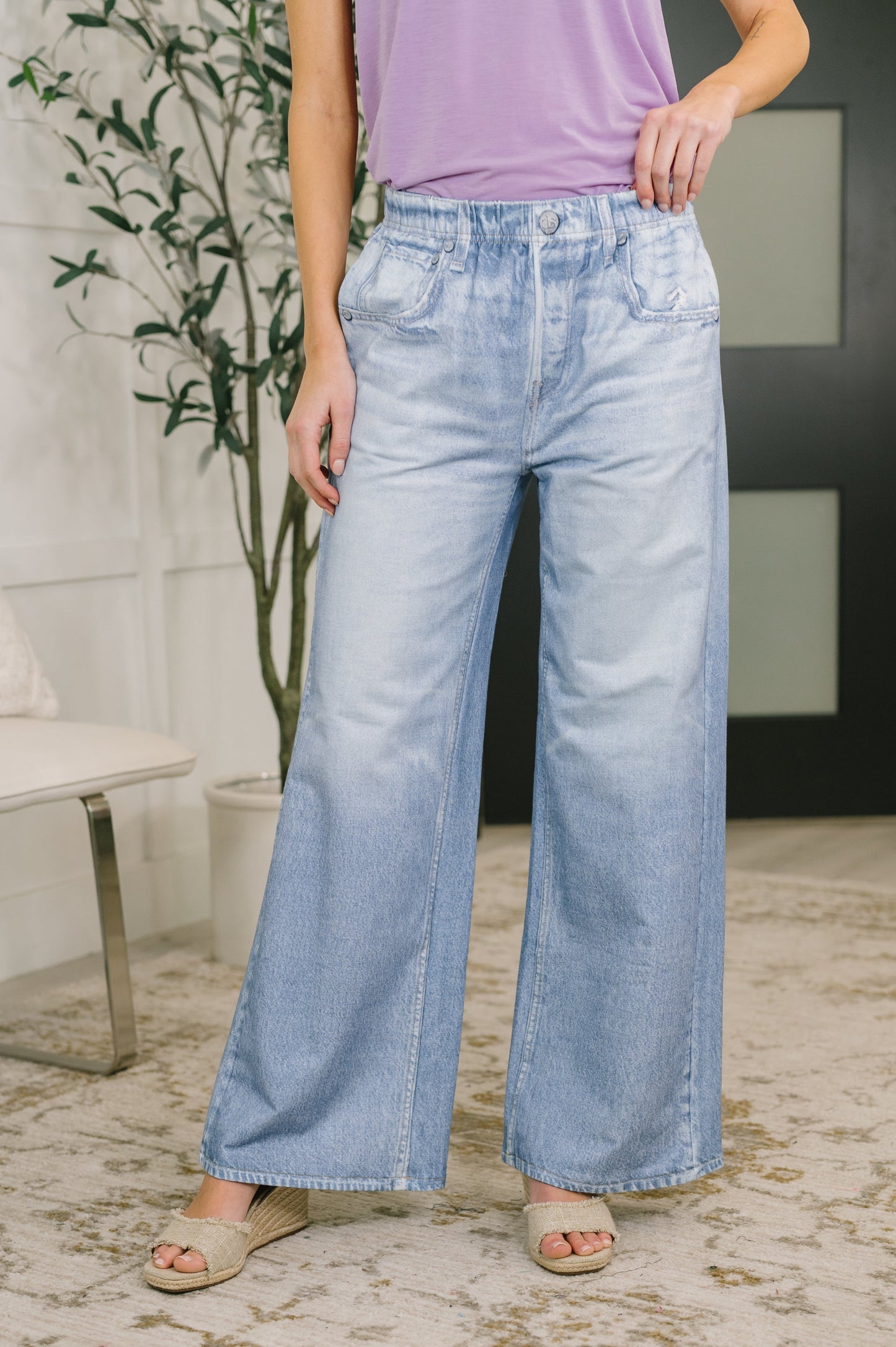 Hazel Blues® |  Zenim Printed Wide Leg Bottoms in Light Wash