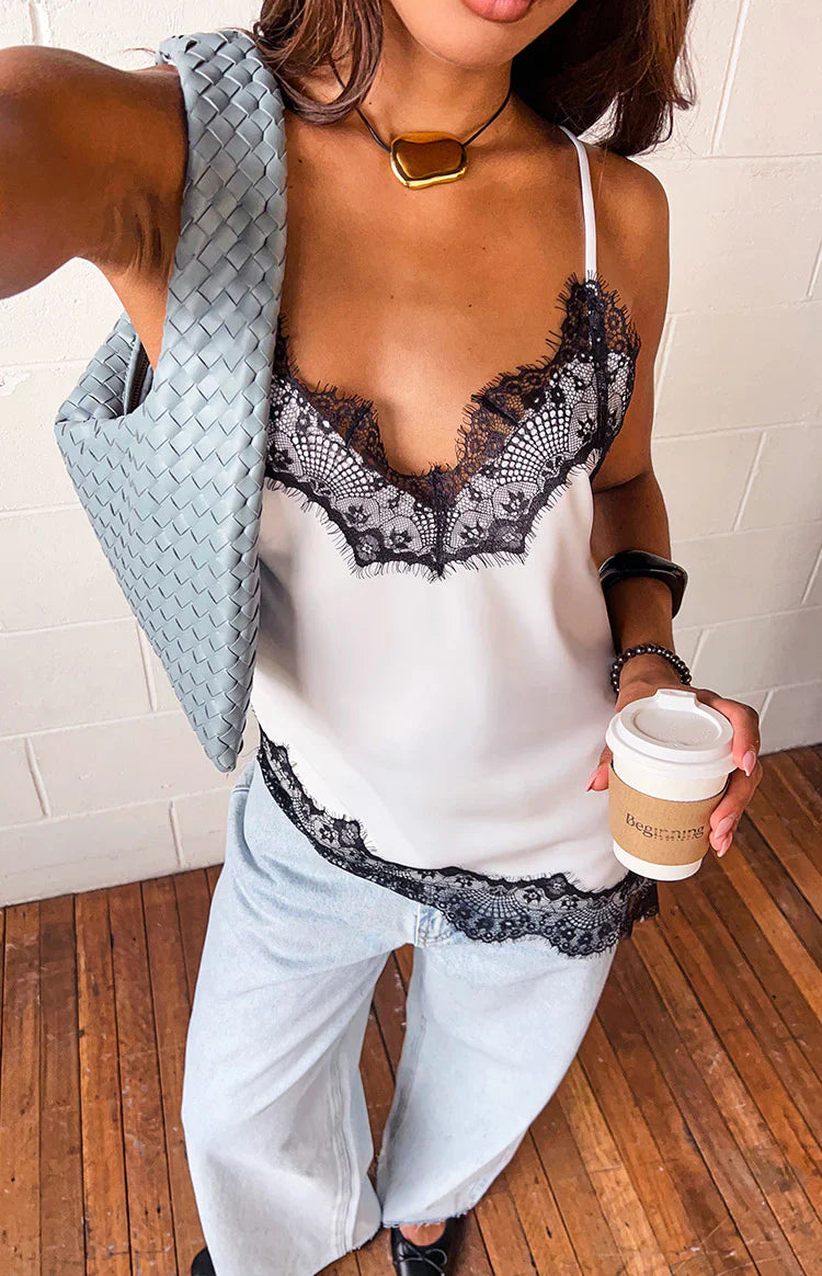 Ziva White Satin Lace Trim Asymmetrical Top