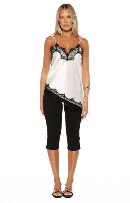 Ziva White Satin Lace Trim Asymmetrical Top