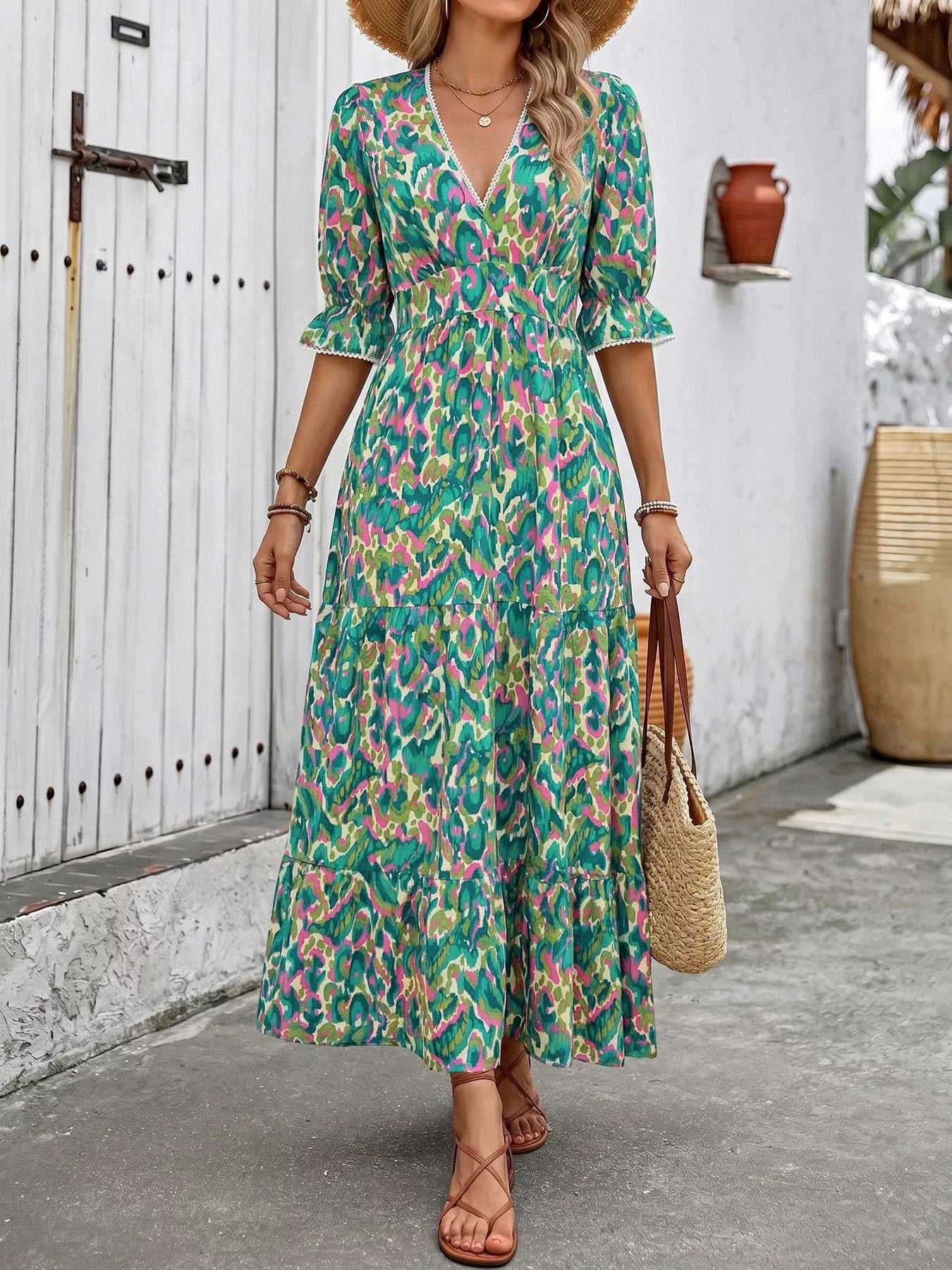 Hazel Blues® |  Printed V-Neck Flounce Sleeve Dress