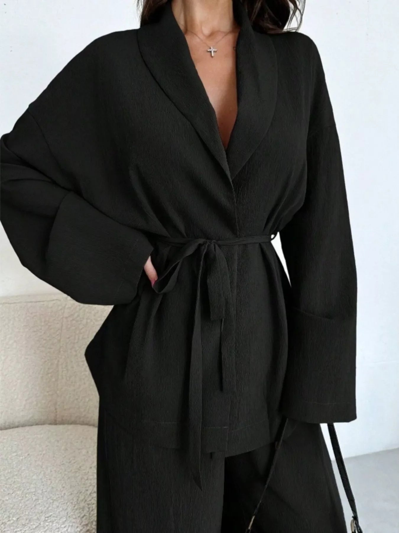 Hazel Blues® |  Front Tied Shirt and Wide-Leg Pants Set