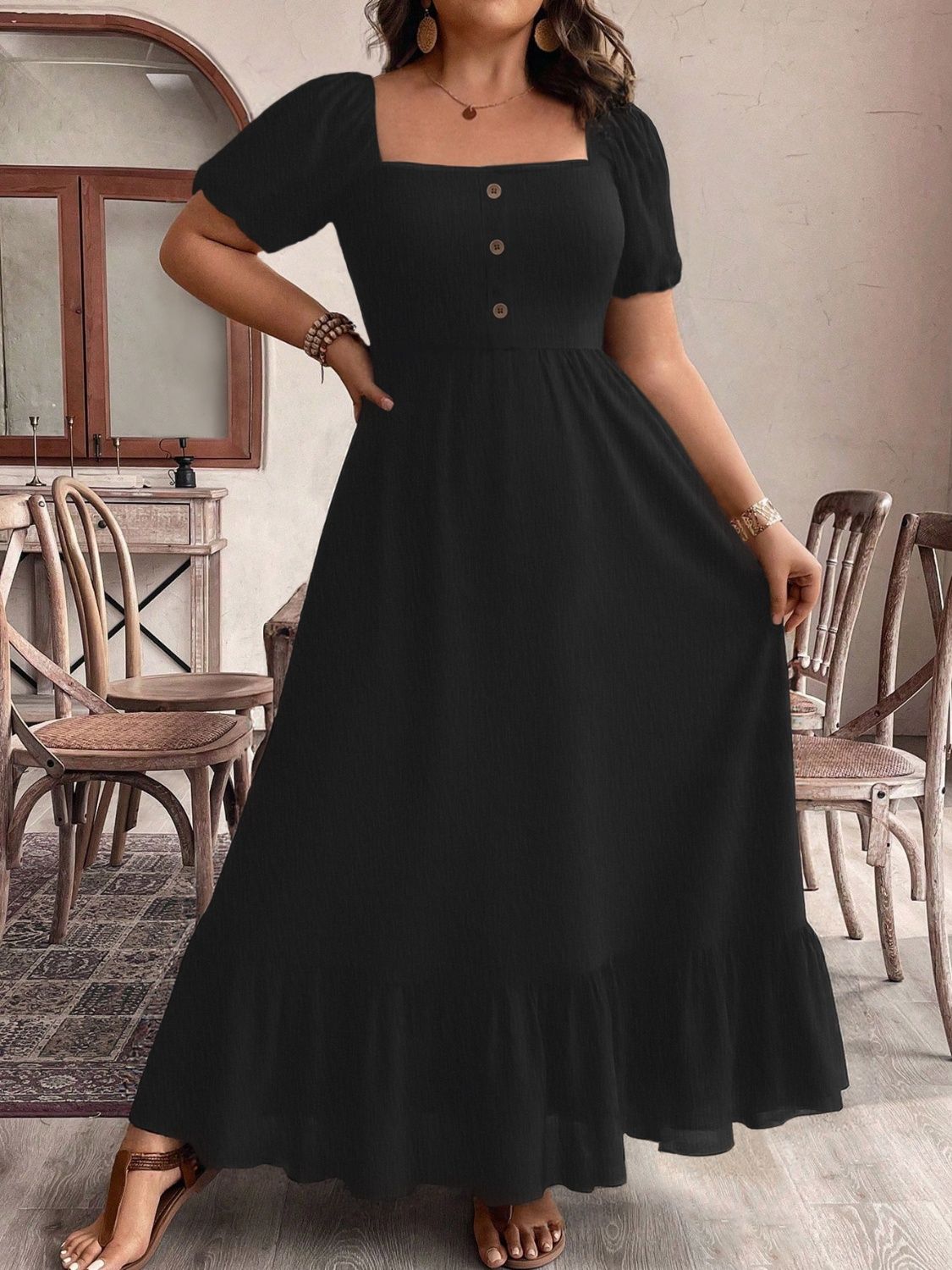 Hazel Blues® | Ruffled Hem Square Neck Short Sleeve Dress