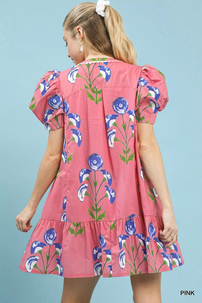Hazel Blues® |  Umgee Floral Print Puff Sleeve Mini Dress with Scallop Trim