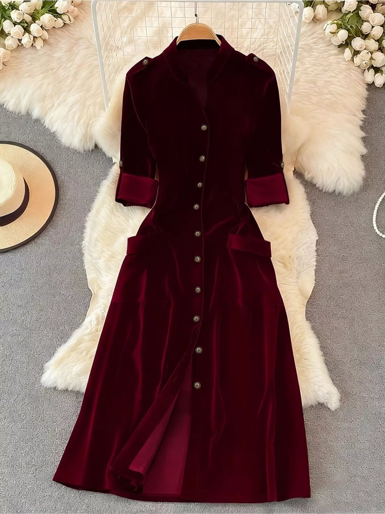 Hazel Blues® |  Velvet Button-Down Midi Dress