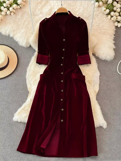 Hazel Blues® |  Velvet Button-Down Midi Dress
