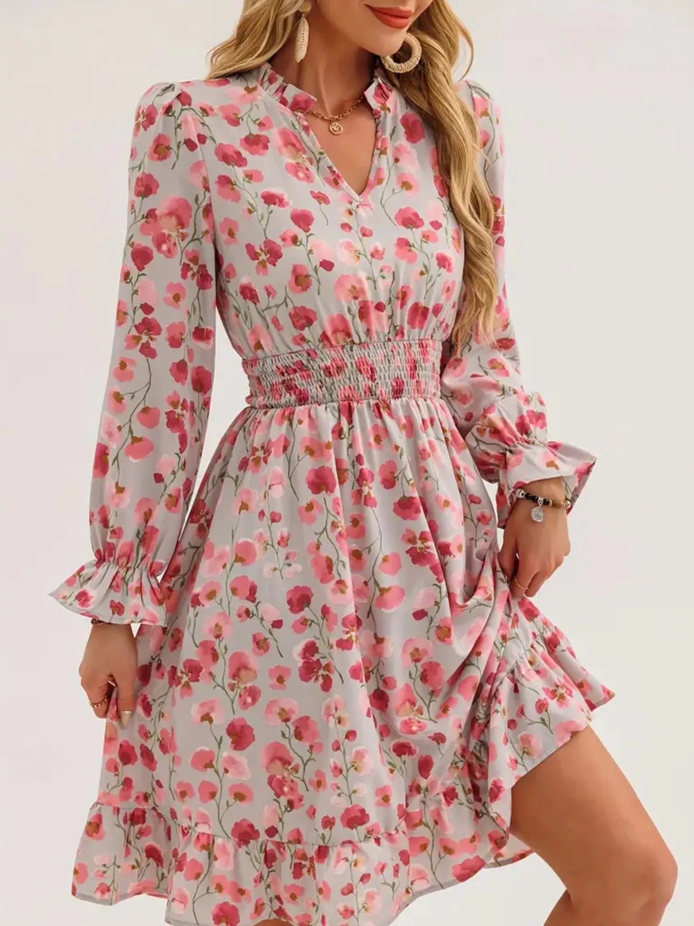 Hazel Blues® |  Floral Notched Flounce Sleeve Dress