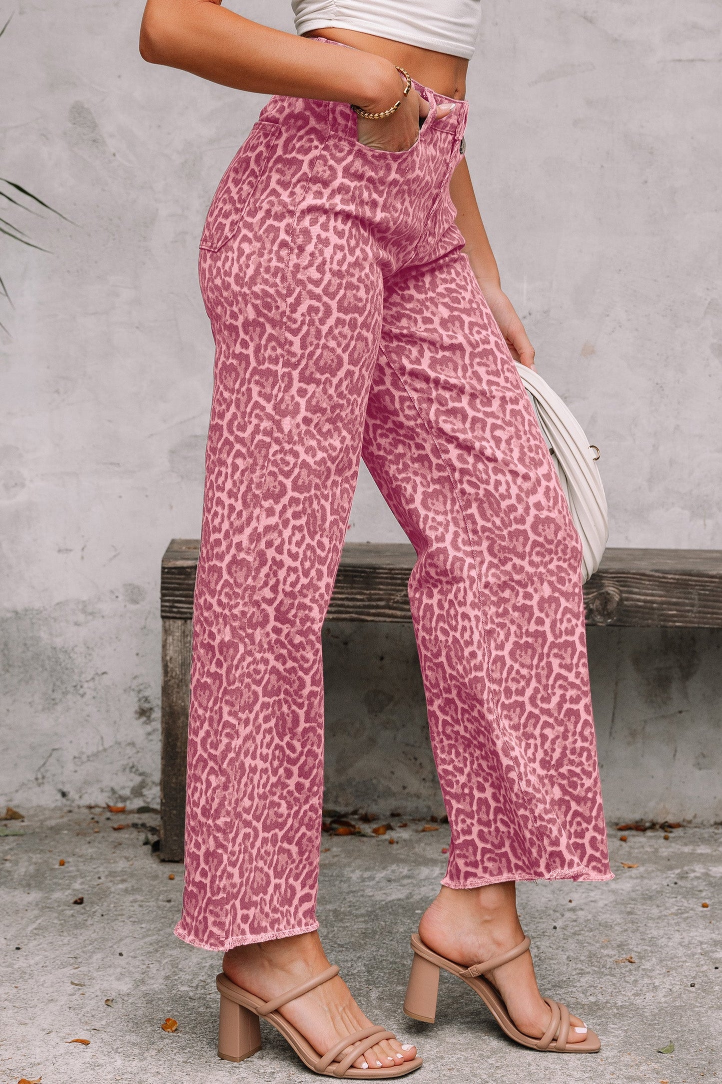 Hazel Blues® |  Gray Leopard Frayed Edge Wide Leg High Waist Jeans