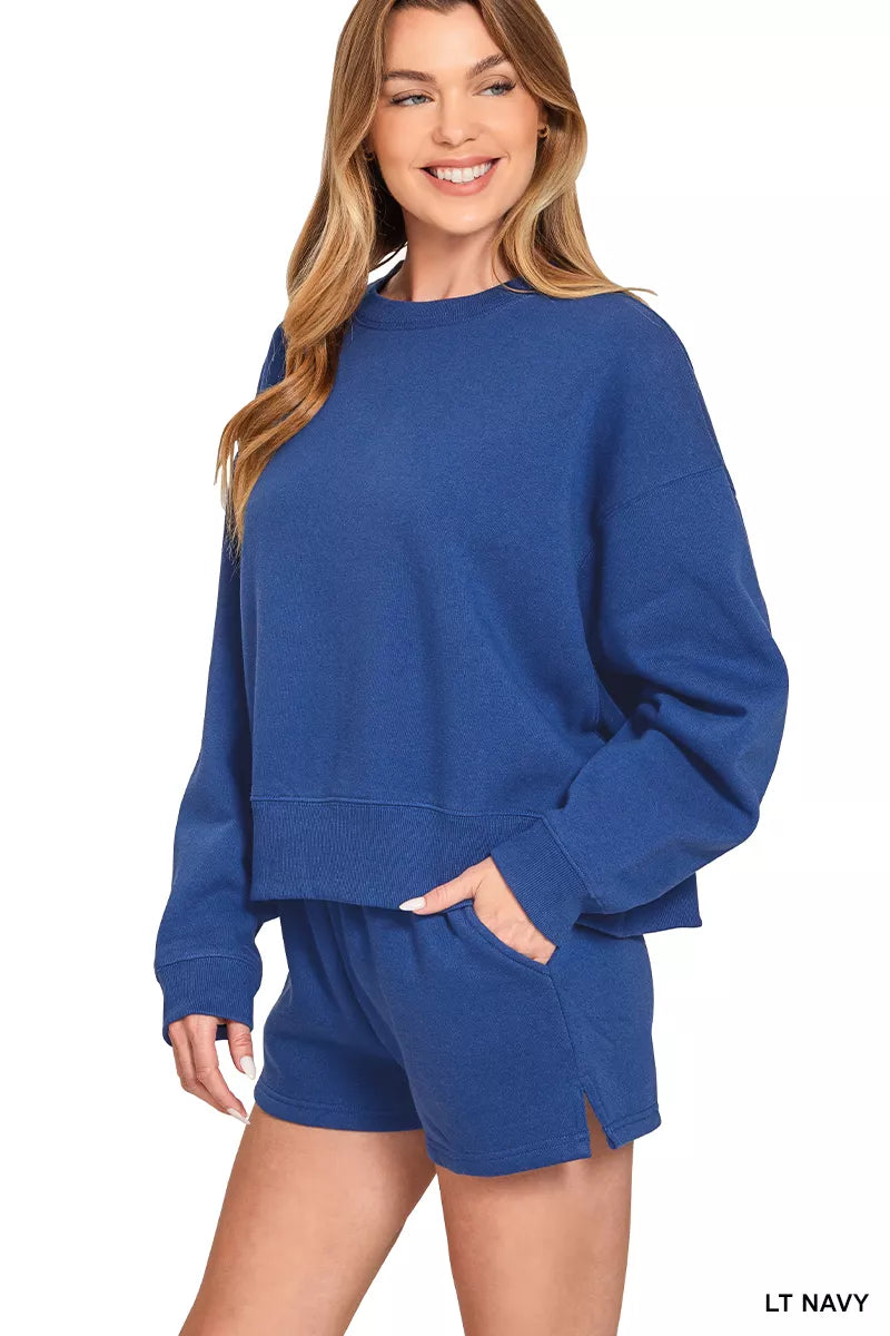 Hazel Blues® |  Zenana Fleece Round Neck Sweatshirt and Shorts Set