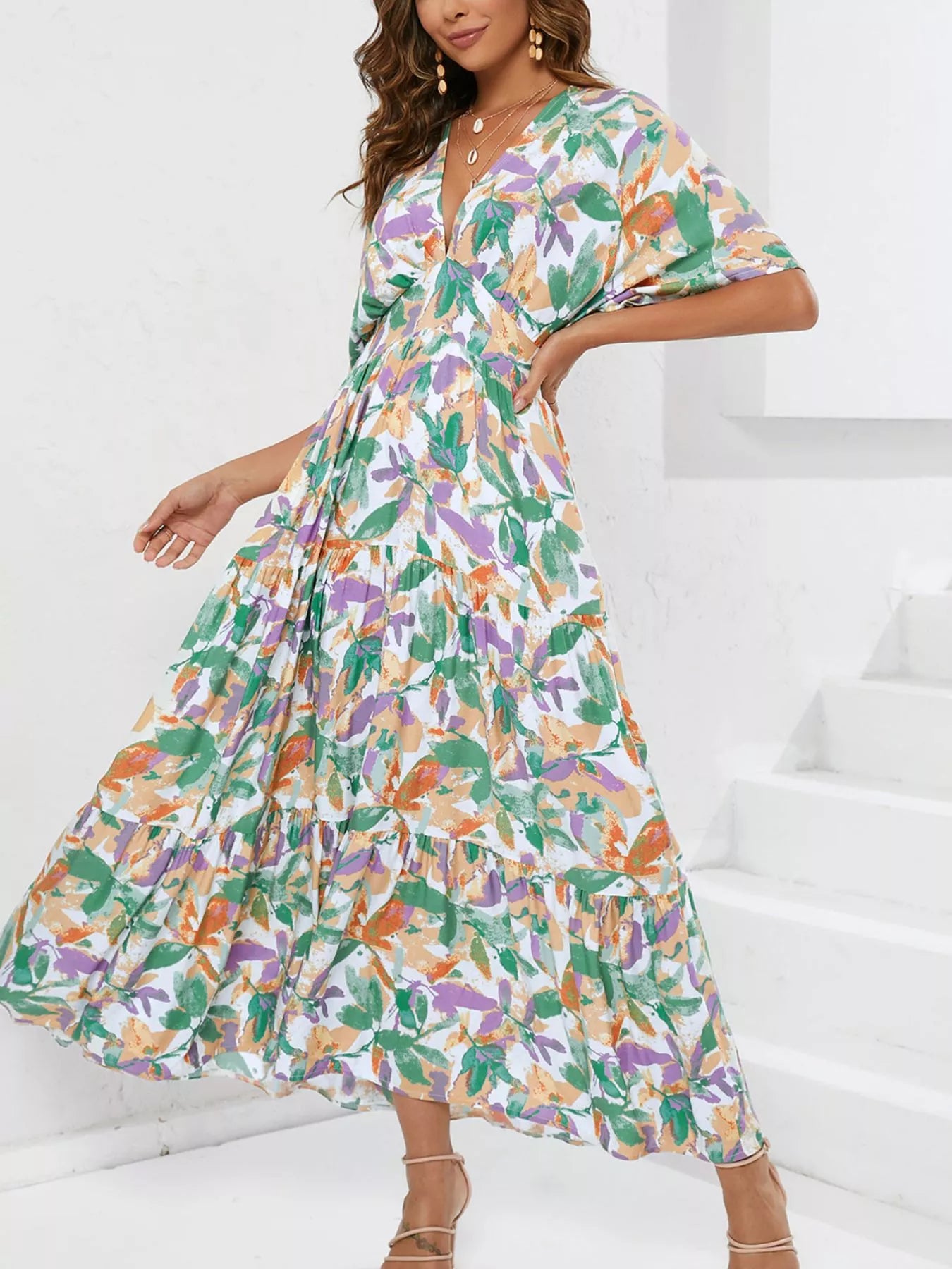 Hazel Blues® |  Printed V-Neck Ruffle Hem Flowy Midi Dress