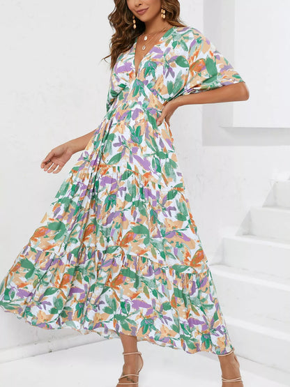Hazel Blues® |  Printed V-Neck Ruffle Hem Flowy Midi Dress