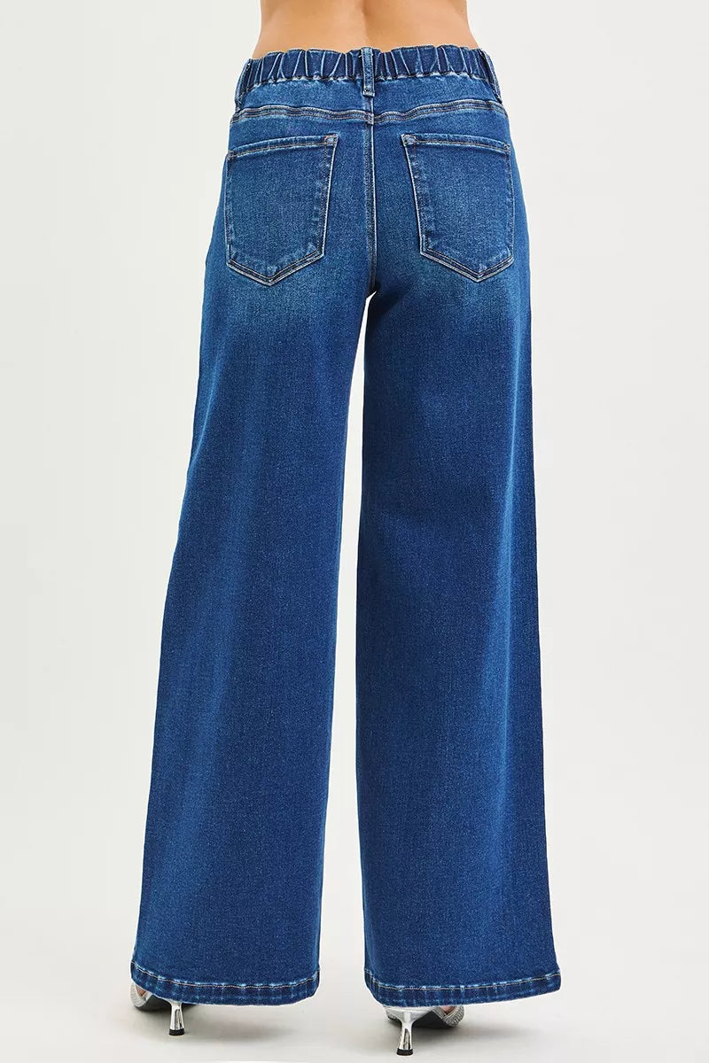 Hazel Blues® | RISEN Mid Rise Wide Side Pintuck Jeans with Front Drawstring