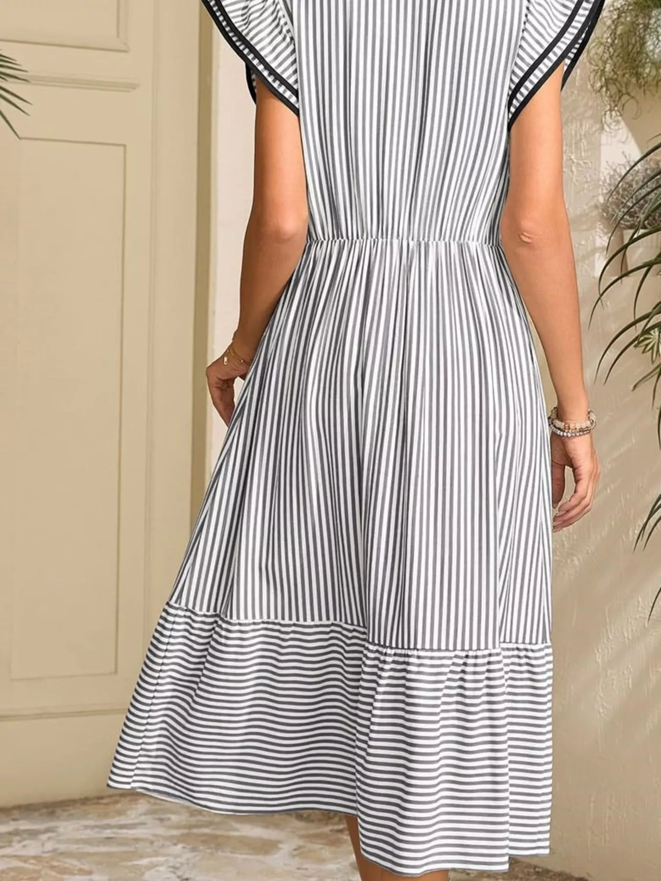 Hazel Blues® |  Striped Notched Ruffle Sleeve Dress