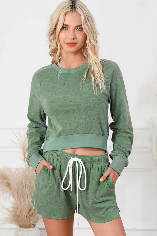 Hazel Blues® |  Round Neck Long Sleeve Top and Drawstring Shorts Lounge Set