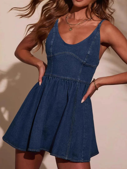 Hazel Blues® |  Smocked Back Adjustable Strap Denim Mini Dress