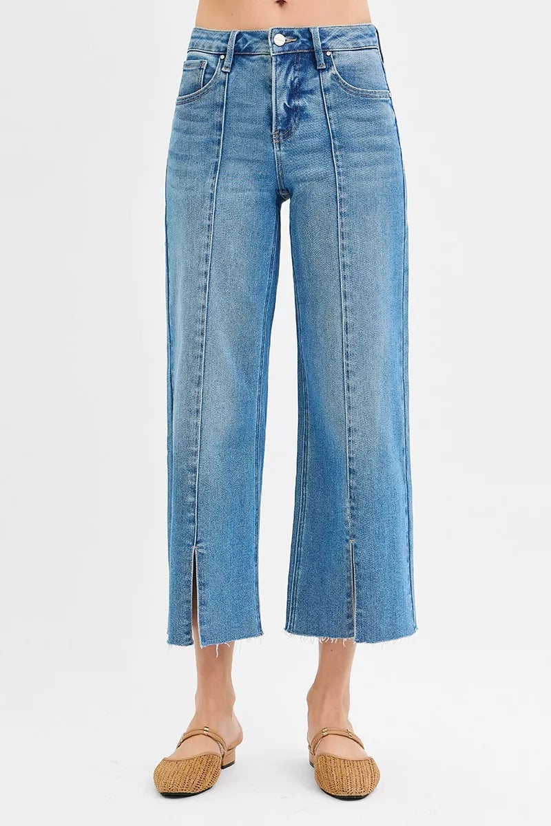 Hazel Blues® |  RISEN Tummy Control Mid Rise Crop Wide Front Slit Jeans