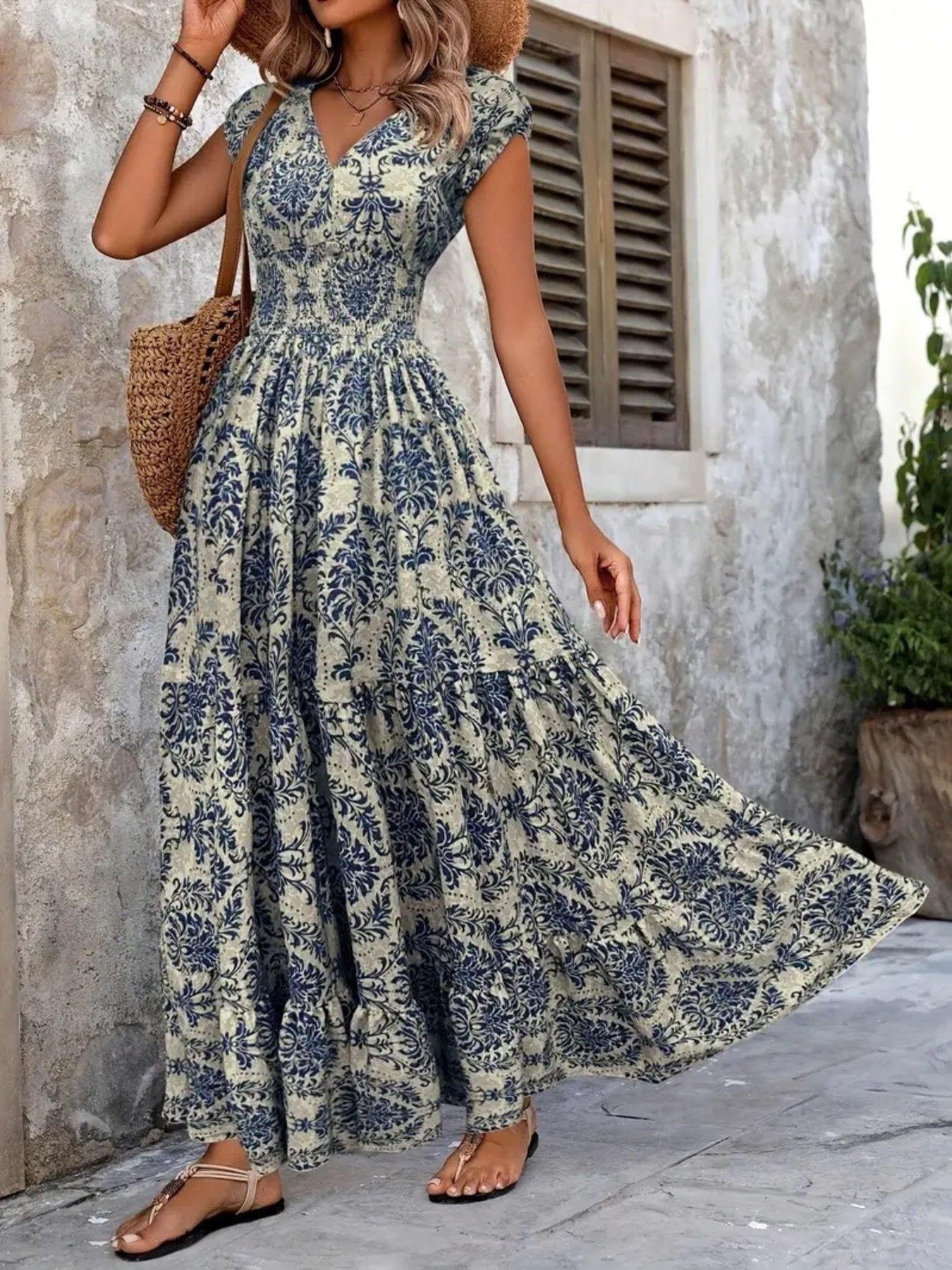 Hazel Blues® |  Printed Cap Sleeve Maxi Dress