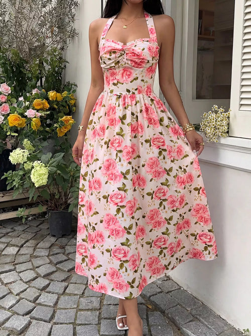 Hazel Blues® |  Floral Print Halter Neck Midi Dress