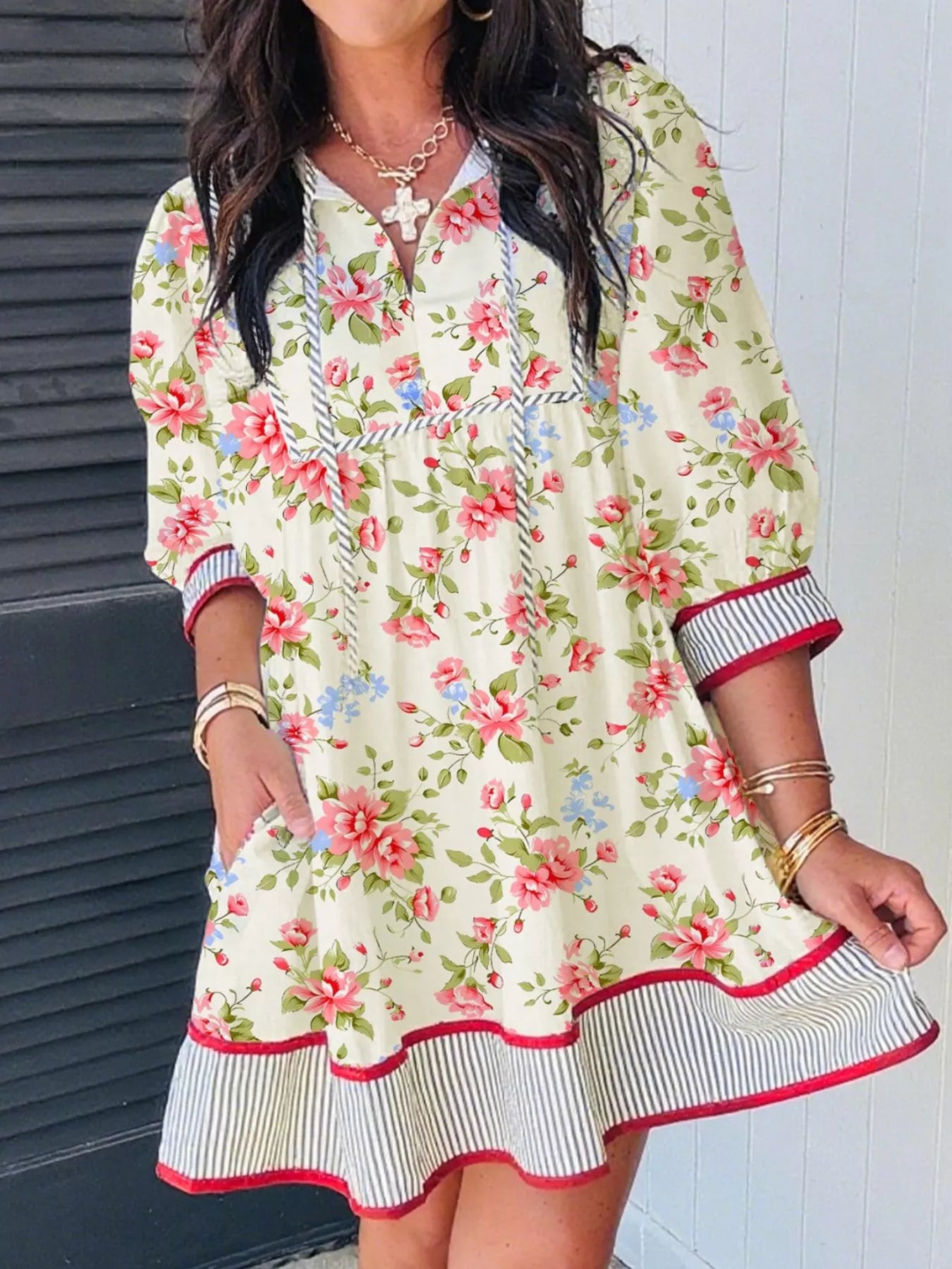 Hazel Blues® |  Striped Edge 3/4 Puff Sleeve Floral Dress
