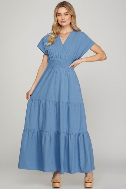 Hazel Blues® |  She + Sky Surplice Short Sleeve Tiered Maxi Dress With Pockets