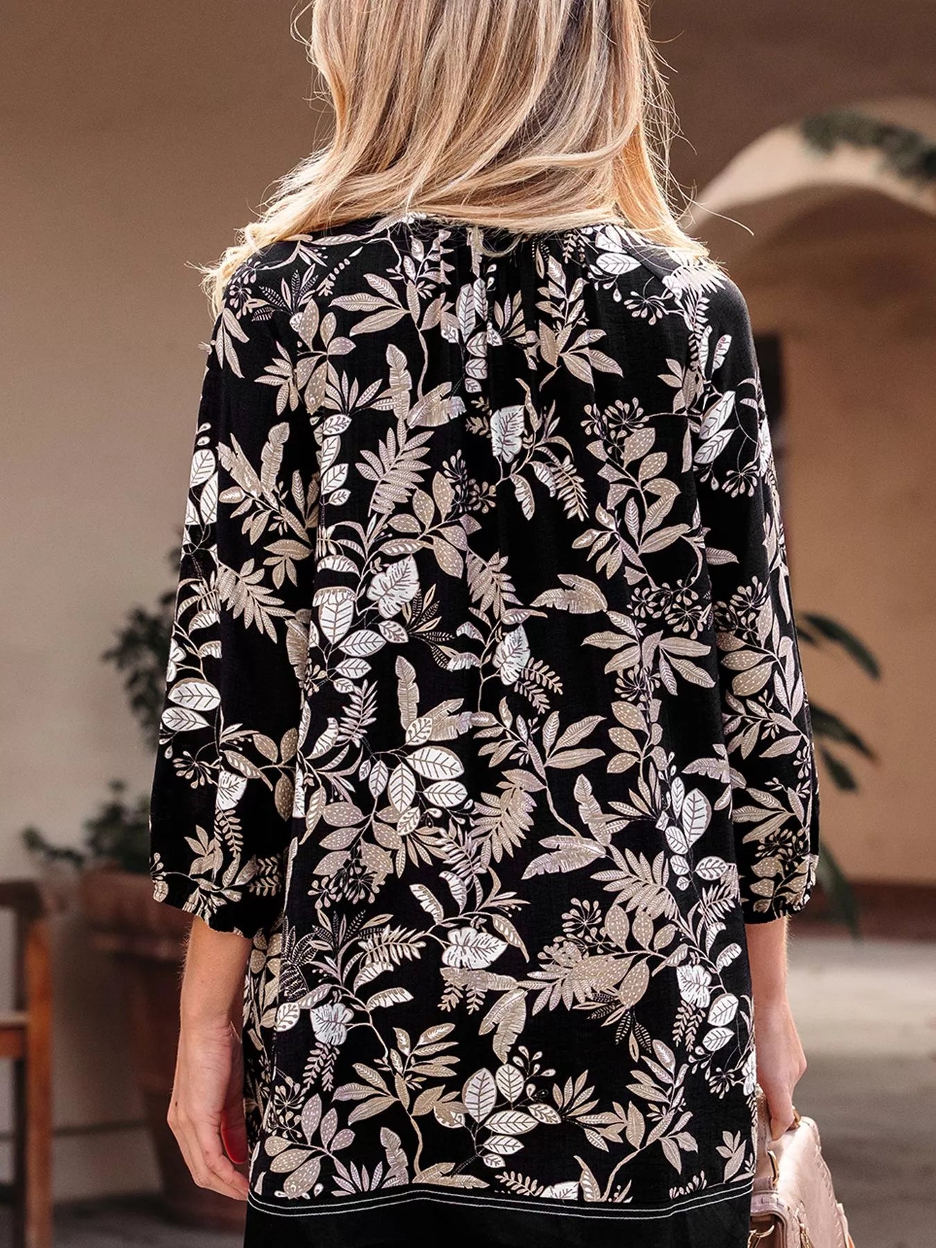 Hazel Blues® |  3/4 Sleeve Botanical Print Split Neck Loose Mini Dress