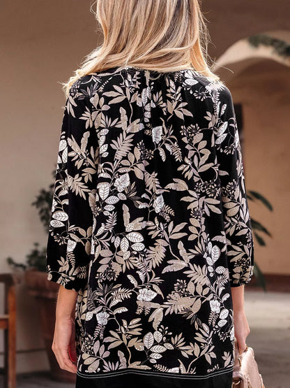 Hazel Blues® |  3/4 Sleeve Botanical Print Split Neck Loose Mini Dress