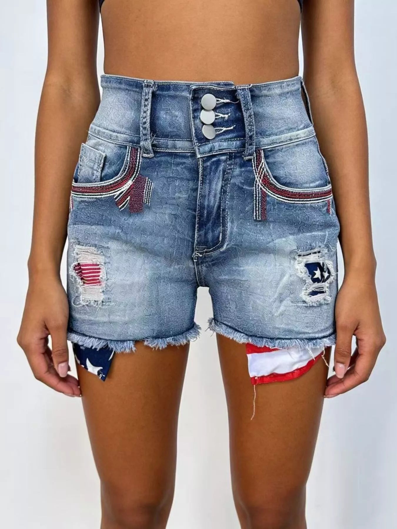 Hazel Blues® |  American Flag Distressed Denim Shorts