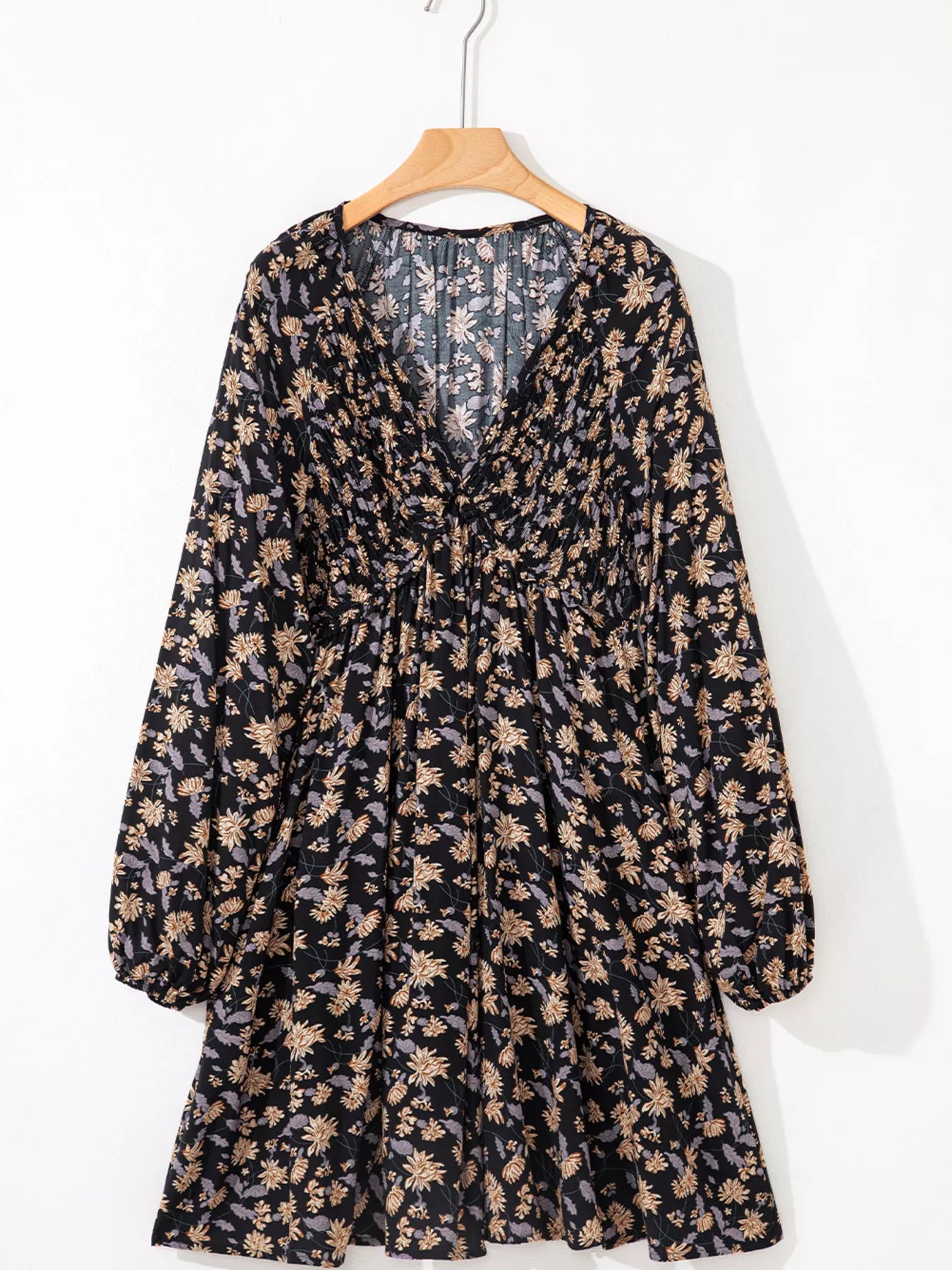 Hazel Blues® |  Floral Deep V Neck Smocked Bust Bubble Sleeve Babydoll Dress