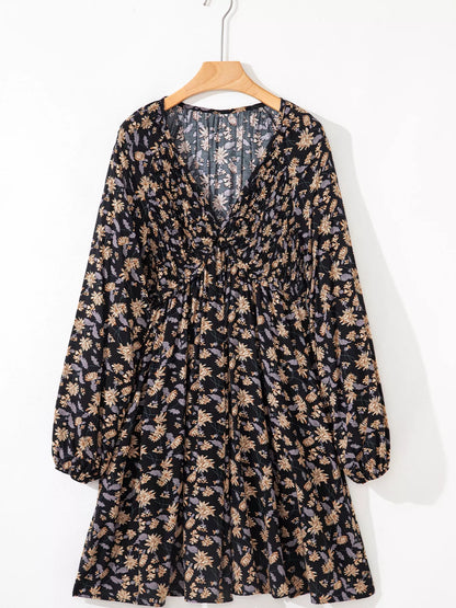 Hazel Blues® |  Floral Deep V Neck Smocked Bust Bubble Sleeve Babydoll Dress