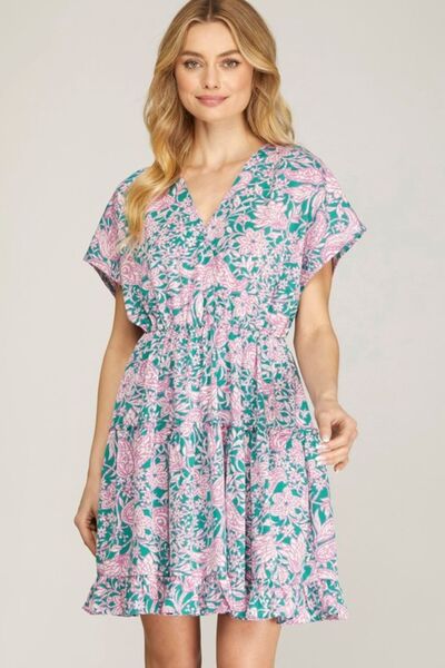 Hazel Blues® | She + Sky Ruffled Hem Printed Surplice Kimono Sleeve Mini Dress