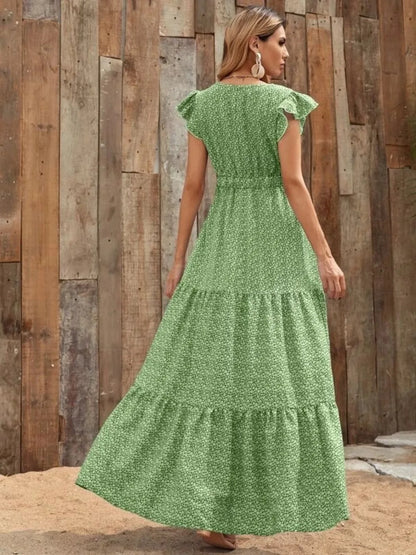 Hazel Blues® |  Printed V-Neck Ruffled Cap Sleeve Maxi Dress