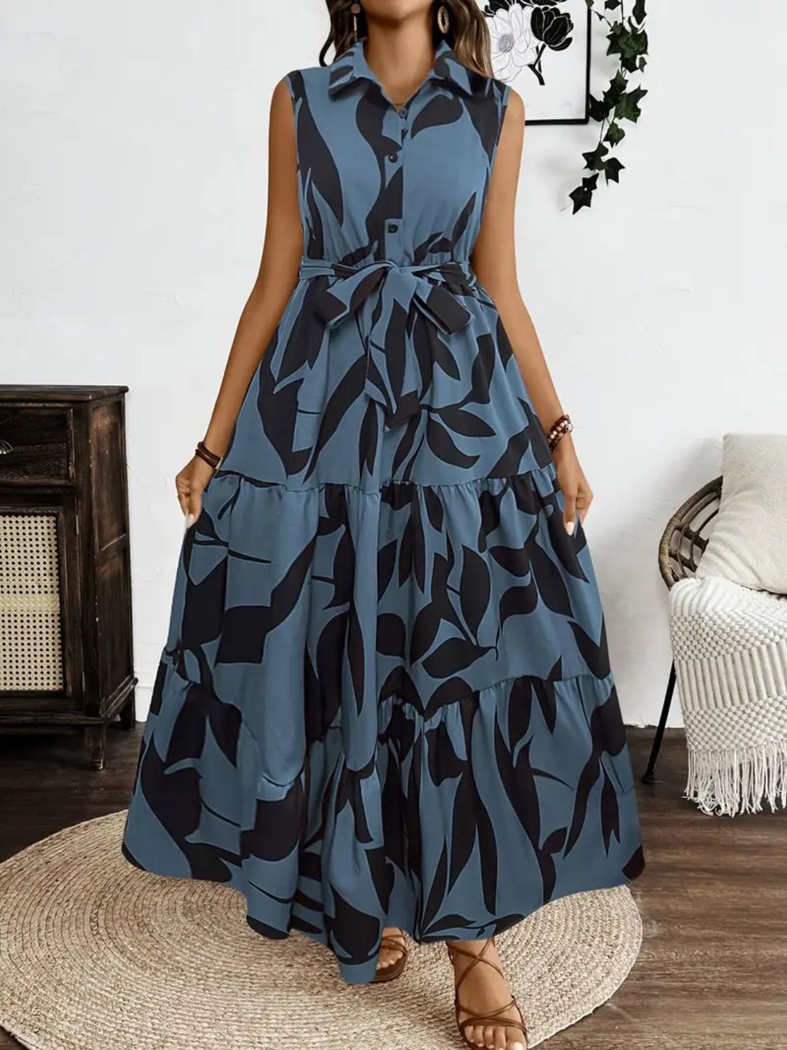 Hazel Blues® |  Printed Tie Waist Sleeveless Maxi Dress