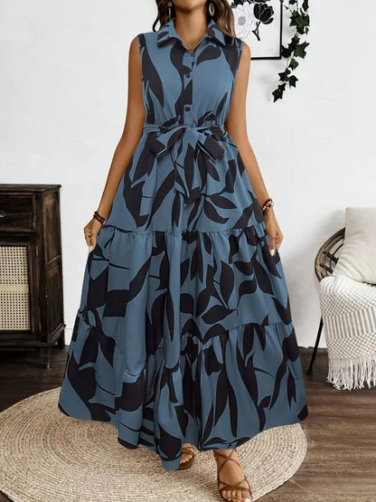 Hazel Blues® |  Printed Tie Waist Sleeveless Maxi Dress