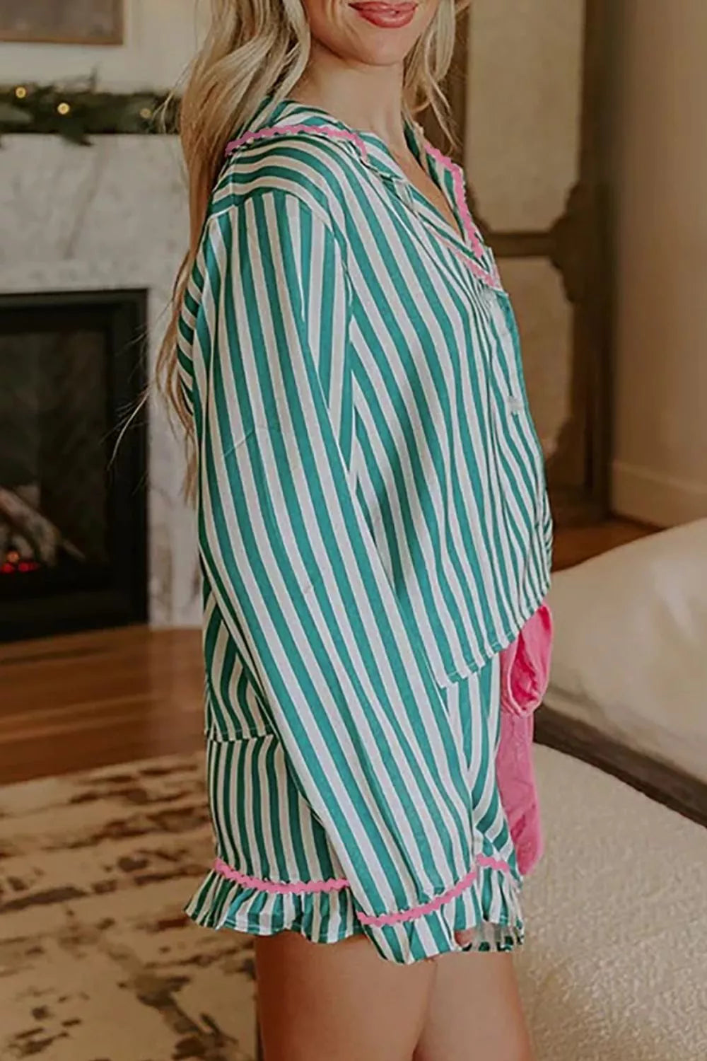 Hazel Blues® |  Stripe Contrast Ricrac Trim Long Sleeve Shirt Drawstring Ruffled Pajama Short Set