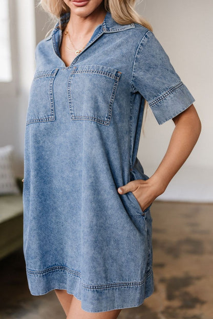 Hazel Blues® |  Short Sleeve Collared Patched Pocket Denim Mini Dress