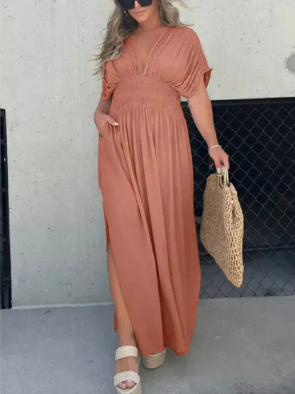 Hazel Blues® | Slit V-Neck Smocked Waist Maxi Dress