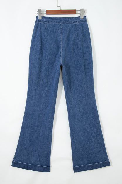 Hazel Blues® |  Ashleigh Blue Golden Button Detail Rolled Edge Flare Leg Jeans