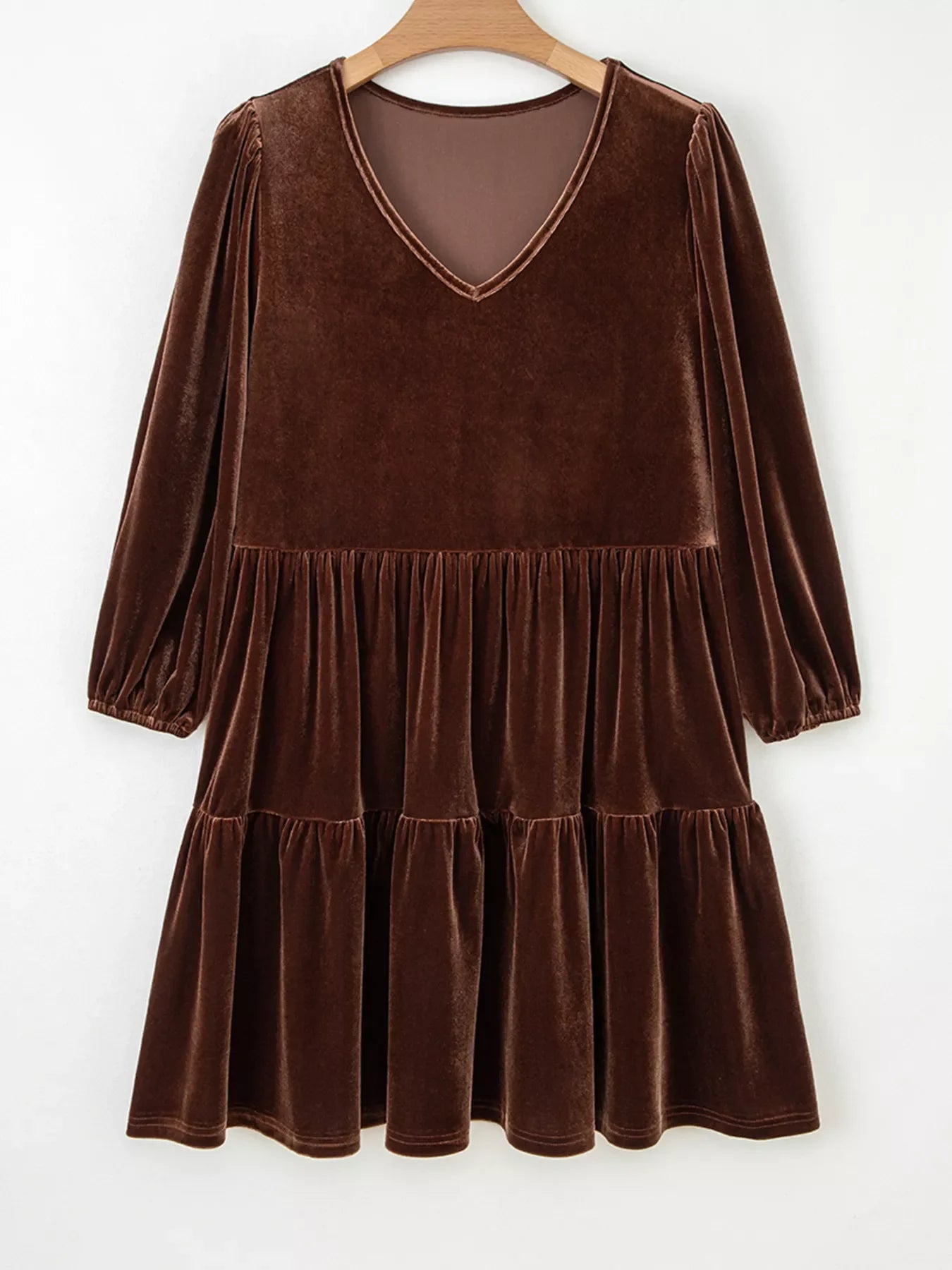Hazel Blues® |  Solid Color Velvet V Neck Long Sleeve Tiered Mini Dress