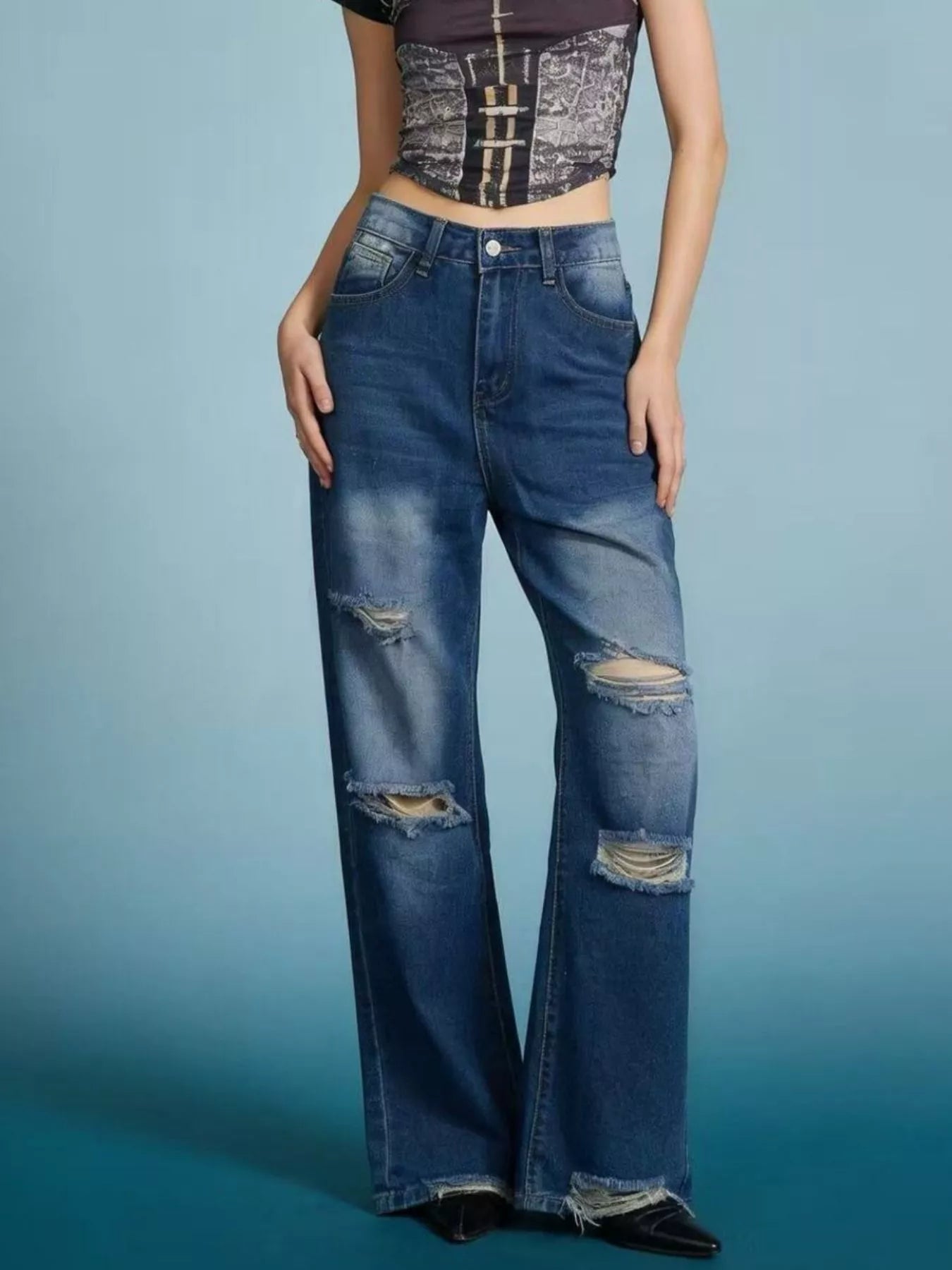Hazel Blues® |  Distressed Wide Leg Jeans